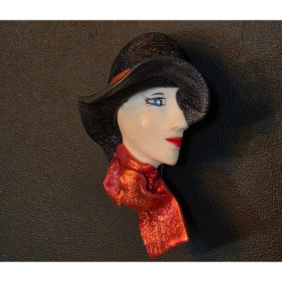 Vintage Lady Face Brooch With Black Hat & Red Scarf Hand-Painted Resin Pin Elega - Picture 5 of 6